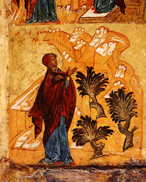 Icon depicting the Virgin praying in the wilderness, c.1550 (tempera & gold leaf on panel) (detail of 314500)