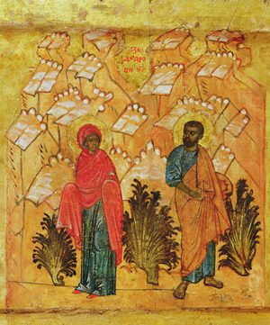 Icon depicting the Virgin Mary and Joseph, c.1550 (tempera & gold leaf on panel) (detail of 314500)