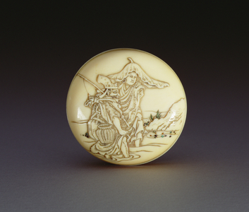 Netsuke depicting underworld deities fishing in the River of Souls, 1863 (ivory) (see 195481)