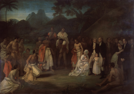 The Cession of the District of Matavai in the Island of Otaheite to Captain James Wilson for the use of the Missionaries Sent Thither by that Society in the Ship Duff (oil on canvas)
