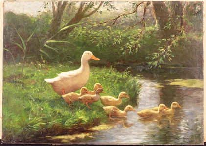 Duck and Ducklings on a Riverbank (oil on canvas)