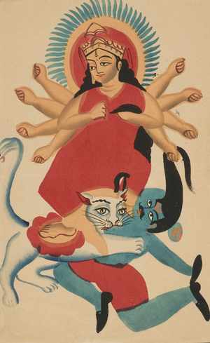 The Goddess Durga subduing the Buffalo Demon, Mahishasura (w/c on paper)