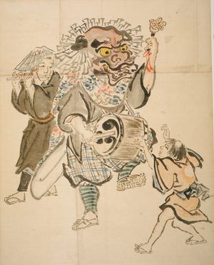Lion Dancer, Flutist, and Boy, 18th-19th century (ink and colour on paper)