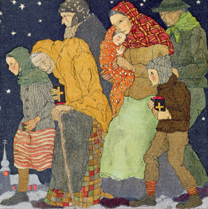 Walking to Church, Christmas Eve, c.1910, from 'Christmas' pub. by J.M. Dent & Sons, 1922 (linocut)