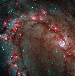 Star Formation in Galaxy M83 - Star Birth in Spiral galaxy M83 - Close-up of star-forming zones in the arms and near the nucleus (white region on the right) of the M83 galaxy. In red appear the hydrogen clouds in which the stars are born. The new stars are concentrated in blue clusters visible by hundreds on this image. The galaxy M83 (NGC 5236) is located about 15 million light years away from Earth in the constellation Hydra. This galaxy is intermediate between a classic spiral and a barree spiral. Image obtained by the Hubble space telescope with its wide field camera 3 (WFC3) in August 2009. Nicknamed the Southern Pinwheel, M83 is undergoing more rapid star formation than our own Milky Way galaxy, especially in its nucleus. The sharp “” eye”” of the Wide Field Camera 3 (WFC3) has captured hundreds of young star clusters, ancient swarms of globular star clusters, and hundreds of thousands of individual stars, mostly blue supergiants and red supergiants. The image, taken in August 2009, provides a close - up view of the myriad stars near the galaxy's core, the bright whitish region at far right. WFC3's broad wavelength range, from ultraviolet to near - infrared, reveals stars at different stages of evolution, allowing astronomers to dissect the galaxy's star - formation history. The newest generations of stars are forming largely in clusters on the edges of the dark dust lanes, the backbone of the spiral arms. These fledgling stars, only a few million years old, are bursting out of their dusty cocoons and producing bubbles of reddish glowing hydrogen gas. The excavated regions give a colorful “” Swiss cheese””” appearance to the spiral arm. Gradually, the young stars' fierce winds (streams of charged particles) blow away the gas, revealing bright blue star clusters. These stars are about 1 million to 10 million years old. The older populations of stars are not as blue. A bar of stars,