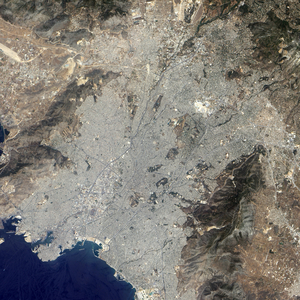Athens view by satellite - Athens seen from space - The capital of Greece seen by satellite EO - 1 on 2 July 2004. Athens seen from space on july 2, 2004 with instrument ALI (Advanced Land Imager) on satellite EO-1