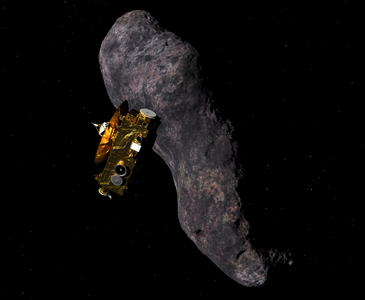 The New Horizons probe near 2014 MU69 - Artist's View - New Horizons and 2014 MU69 (single) - Artwork: Artist's view of the New Horizons probe near the small object of Kuiper 2014 MU69. Observations in 2017 show that 2014 MU69 would be either a binary object (model favors), in contact or not, or a single object lengthens (as here). Speculative illustration of Nasa's New Horizons interplanetary probe flying by classical Kuiper belt object (486958) 2014 MU69, about 3 billion miles from the Earth, on 1 January 2019. 2014 MU69 is either a single elongated object about 30 miles long, or two smaller objects orbiting very closely together, maybe even touching; this image illustrates the latter. New Horizons is about the size and shape of a grand piano and weighed 1,054 pounds at launch. The high-gain dish antenna is about 7 feet in diameter and is employed for communication with the Earth