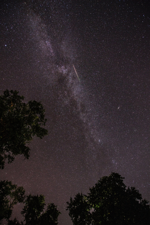Milky Way and Perseid meteor - The Lactee Way and a Shooting Star of the Perseid Swim. August 2013. A bright Perseid meteor is captured in starry sky. August 201