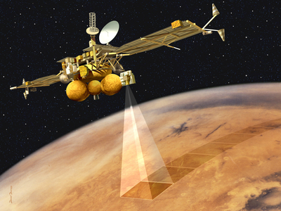 The probe Mars 96 - Artist view - Mars 96 spacecraft - Artist view - Artist view of the sovietic probe Mars 96 observing the planet Mars. Launched in 1996, the probe could not leave Earth orbit and disintegrate. Artwork showing the soviet March 96 spacecraft above planet Mars. Launched in 1996, a rocket failure happened and the probe was desintegrated in the Earth atmosphere
