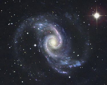Spiral Galaxy NGC 1566 in the Dorado - The Seyfert Galaxy NGC 1566 - NGC 1566 is a spiral galaxy located about 50 million years ago - light. Its core is very bright. It is an active galaxy called Seyfert, which probably houses a black hole in its heart. Image made with Siding Spring's 3.9m telescope. NGC 1566 is the brightest member of a nearby group of galaxies in Dorado and is at a distance of about 50 million light years. It has beautifully symmetrical, tightly - wound spiral arms, which on deep images appear to almost encircle the galaxy. This striking galaxy is also of interest because it has a very luminous nucleus which has many of the characteristics of a quasar, though it is much less energetic. Galaxies of this type are known as Seyfert galaxies, after Carl Seyfert who first recognised their peculiar nature in 1943. The active region at the centre of NGC 1566 has recently been found to vary on a timescale of less than a month, which indicates that it is extremely compact. Spectra show that hot gas near the tiny nucleus is moving at an abnormally high velocity, suggesting that it may be in orbit around a massive black hole at the heart of NGC 1566
