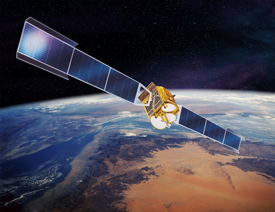 Communication satellite Telecom-1B - Satellite communication Telecom-1B. Artwork - Artist's view of the French satellite Telecom - 1B in orbit around the Earth. The satellite was launched on 8 May 1985 and its mission ended in 1988. English satellite Telecom - 1B was launched on May 8 1985 and its mission ended in 1988