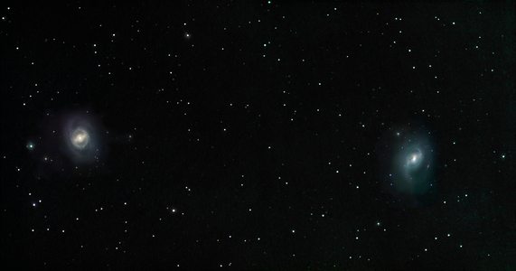 Galaxies M95 and M96 in the Lion - Galaxies M95 and M96 in Leo - M95 (NGC 3351), on the left, is a barree spiral of type SBB, M96 (NGC 3368), on the right, is a spiral galaxy of type Sa. M96 is the brightest member of the Leo I galaxy group, which is also called the M96 group. It also contains M95, M105 and a number of weaker galaxies. Their distance to our Sun was measured with great precision thanks to the discovery of cepheides in these galaxies and the appearance of a supernova of type Ia in M96 in May 1998. These two galaxies are located 37 million light years away from Earth. M95 (NGC 3351, left), is a barred spiral galaxy, M96 (NGC 3368, right), is a spiral galaxy. With M105 (not pictured here), they are dominant members of the Leo I galactic group which also includes several fainter galaxies. Their distance from our Sun has been determinated with great precision thanks to the discovery of Cepheids stars in these galaxies and a type IA supernova in M96 appeared in May 1998. Their distance to our Sun is 37 million light - years