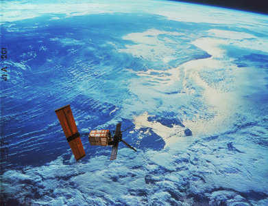 Satellite ERS-1 - Artist's view of the European satellite ERS-1 (European Remote Sensing - 1) in orbit around the Earth. Launched in July 1991, this radar satellite observes the Earth. ERS - 1 artist composition over the coast of the Netherlands. ERS-1 (European Remote Sensing Satellite) was put into orbit by Ariane in July 1991. Since then, day and night and even through the densest clouds, it has been using its three intsruments to survey the structure of the planets surface, taking radar images that reveal the smallest details and monitor changes