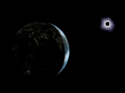Earth during a Total Solar Eclipse - Earth during a Total Solar Eclipse - Artist's view of the planet Earth during the night, seen above the Indian Ocean. The artificial lights of the cities appear. On the right, the part illuminated by the Sun shows an area of shadow caused by a total eclipse of the Sun. The perspective in this image is looking down on the Indian Ocean from an altitude of 25,000 miles. On the Earth's night side artificial lights clearly define the Mediterranean Sea, Red Sea, and almost the entire African continent, while clouds obscure some of Europe and India. The alignment with the Moon and Sun is such that at this moment a total eclipse of the Sun is visible revealing the Sun's brilliant corona. However the area of totality, i.e., the darkest part of the Moon's shadow, is so small - - less than 200 miles wide - - that observers on the Earth would not be able to see this total eclipse. The only portion of the eclipse visible from the Earth is in the eastern Indian Ocean where the Moon's penumbra (partial shadow) falls, as can be seen in this image. The fact that total solar eclipses are visible at all is due in part to one of the most amazing coincidences in the Solar System: the Sun and the Moon appear from Earth to be about the same size in the sky. This is because the Sun's diameter is both 400 times that of the Moon's and is about 400 times as far away from the Earth. The result is that from the Earth, the Moon appears to just barely cover the Sun. If the Moon's diameter were reduced by just 6%, or if it were a little further away, it would never be large enough to ever completely cover the Sun