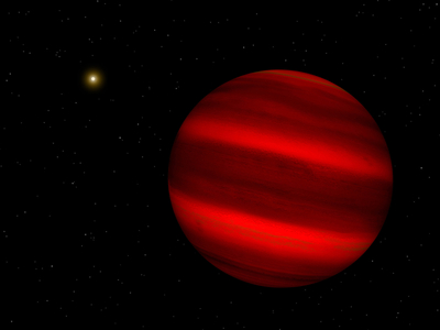 Brown dwarf star Gliese 229 b - Brown dwarf Gliese 229 b - Artist view of the brown dwarf star Gliese 229B. Discovered in 1995 in the constellation Lievre at 18 years - light from Earth, this brown dwarf is 30 to 40 times more massive than Jupiter and is estimated to be 2 to 4 billion years old. Top left is the red dwarf star Gliese 229A. This is how the brown dwarf Gliese 229b might appear from a distance of about a half million miles. Glowing like a charcoal ember, Gliese 229 b was discovered in 1995 and is 19 light years from the Earth. This brown dwarf orbits the red dwarf Gliese 229A in the constellation Lepus. Gliese A can be seen shining dimly on the upper left. These two dwarfs are about four billion miles apart, about the same distance between Pluto and our sun. Gliese 229 b is believed to be 30 to 40 times more massive than the planet Jupiter, which is massive enough for Gliese 229 b to sustain deuterium fusion, but not enough mass to initiate hydrogen fusion like our Sun. As a result, Gliese 229 b radiates a temperature of only 1,300o F. It is believed to be two to four billion years old. Despite being so much more massive than the planet Jupiter, the diameter of this brown dwarf is believed to be actually slightly less than Jupiter's; Gliese 229 b's greater mass results in its overcoming the internal pressures that sustain Jupiter's greater volume