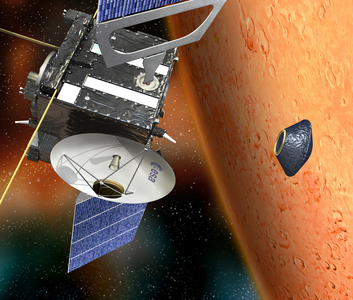 The Mars Express and Beagle 2 probe - Artist view - Mars Express and Beagle 2 - Separation of the Beagle 2 module. The Beagle 2 landing gear that was supposed to perform analysis on the surface of Mars did not work. The European Mars Express probe was launched on 2 June 2003 and began its observations in early 2004. Illustration showing the separation of Beagle 2 from Mars Express. Beagle 2 was lost but the european spaceprobe Mars Express began its March observations in 2004
