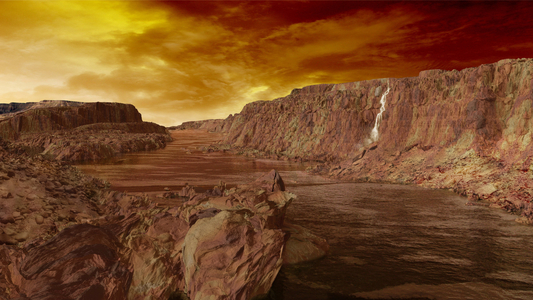 Methane Canyon and River on Titan - Artist View - Titan canyon and methane river: Artist view of the surface of the Titan satellite. The Cassini probe confirmed that lakes and rivers of methane or ethane exist on its surface