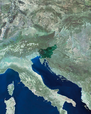 Slovenia seen by satellite - Slovenia seen from satellite Envisat - Image obtained by satellite Envisat. Slovenia is a small country situated to the northwest extremity of the Adriatic Sea. Slovenia is bounded on the north by Austria, on the northeast by Hungary, on the southeast and south by Croatia and on the west by Italy. The territory is mostly mountainous (the Alps and the Pre Alps), with many natural caves and caverns. Three major rivers of the Slovenia territory are the Drava, the Mura and the Sav