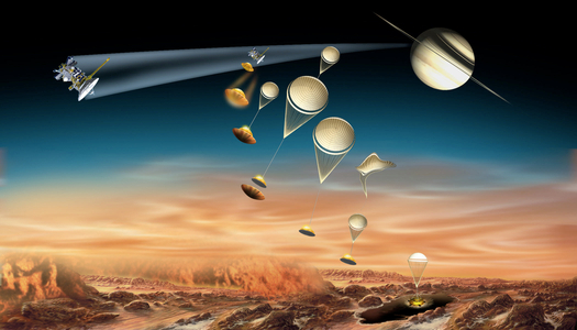 Huygens probe lands on Titan. - Huygens probe lands on Titan. - Artist's view of the descent of the European probe Huygens on Titan. Huygens landed on the Titan satellite on 14 January 2005. The Cassini-Huygens probe was launched on 15 October 1997 and has been placed in orbit around Saturn since 1 July 200