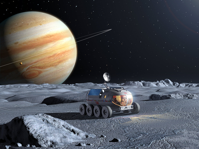 Expedition to Europe, one of Jupiter's satellites. Illustration - Europa mission. Illustration - View of astronaut artist evoluting on the icy surface of the Europe satellite. In the sky, satellite Io and Jupiter. Artwork showing a manned mission on the icy surface of Europa, a jovian moon. In the sky, the satellite Io and Jupiter