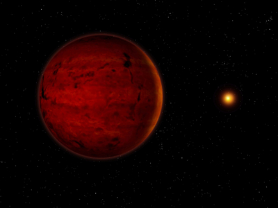 Kappa Andromedae b: Kappa Andromedae b is a hot, young, gaseous Giant Planet with about 13 times the mass of Jupiter. The “” Super-Jupiter”” Kappa Andromedae b, shown here in an artist's rendering, circles its star at almost twice the distance that Neptune orbits the sun. With a mass about 13 times Jupiter's, the object glows with a reddish color