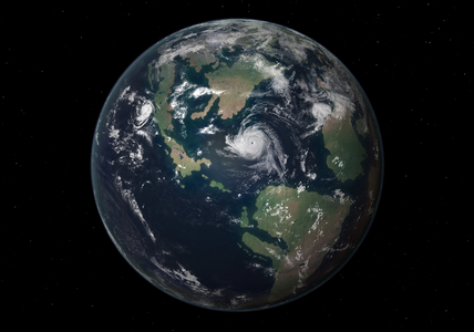 Earth 90 million years ago - Artist's view - Late Cretaceous Earth - Earth seen in the upper cretace, about 90 million years ago. This is how the western hemisphere of the Earth may have appeared 90 million years ago during the Late Cretaceous period. During this period continental drift, driven by the massive forces of plate tectonics, had broken the supercontinent of Pangea into Laurasia in the north and Gondwana in the south. With a climate much warmer than today's there were no frozen polar caps and the resulting high ocean levels submerged a third of today's landmasses under warm shallow seas creating numerous waterways and “” island””” continents. In this image much of the incipient North American continent is divided by the Western Interior Seaway, the Isthmus of Panama is submerged by the Proto - Caribbean Sea, and the Pacific Ocean is making an incursion into South America