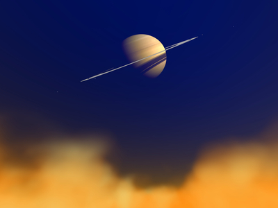 Saturn above the clouds of Titan - Illustration - Saturn from atop Titan's hydrocarbon haze - Artist's view of the planet Saturn view 80 km above the surface of his satellite Titan. In the plane of the rings of the planet appear from left to right the satellites Enceladus, Dione, Tethys and Rhea. Saturn and its rings would be a majestic sight lording over Titan's hydrocarbon haze. The viewpoint is from 50 miles above Titan's surface and three - quarters of a million miles away from Saturn itself. Four of Saturn's smaller satellites can also be seen along the ring plane: left to right are Enceladus, Dione, Tethys and Rhea. Technically, the orange clouds mark the beginning of Titan's condensate haze, which consists of ethane, methane, nitrogen, and a variety of hydrocarbons known collectively as tholin. These gases and hydrocarbons extend upward another 250 miles, resulting in a bluish, earthlike sky, albeit darker due to Titan's great distance from the Sun. Tholin is created by the interaction of the nitrogen - rich gases with ultraviolet light from the Sun and ultimately precipitates all the way down to Titan's surface. Notwithstanding its flame - like colors, this haze is chilled to minus 330o F
