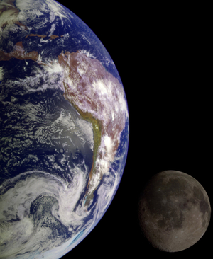 Earth and Moon views by Galileo - Earth and Moon views by Galileo - Views obtained by the Galileo probe and composited to obtain this view of the planet with its satellite at the scale