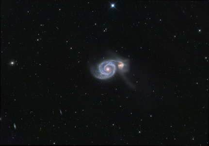 Spiral Galaxy M51 in Hunting Dogs - Spiral galaxy M51 in Canes Venatici - The spiral galaxy M51 (NGC 5194) is located about 31 million years ago - light from Earth. This galaxy is double; two galaxies interact: the largest, NGC 5194, the smallest NGC 5195. M51 (NGC 5194) is located 31 million light - years away in the constellation Canes Venatici (the Hunting Dogs). It was one of the first discoveries made by Charles Messier in 1773, and it was the first galaxy where spiral structure was observed, by Lord Rosse in 1845. A faint companion galaxy, NGC 5195, seen here to the right of M51, is interacting with M51
