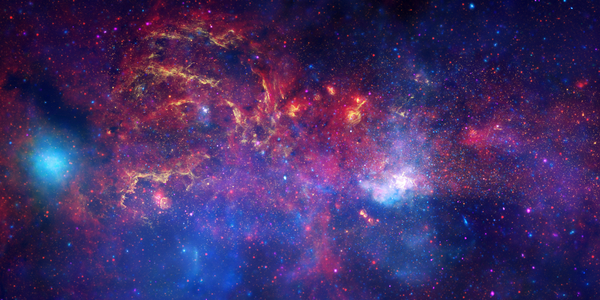 Galactic Center Region - The Galactic Center - The Galactic Center Region of the center of our galaxy seen the Chandra, Spitzer and Hubble satellites. The galactic center (Sagittarius A*) is located in the white area in the middle to the right of the image. In yellow, near-infrared images obtained by the Hubble Space Telescope; in red, infrared images obtained by the Spitzer Space Telescope; in blue and purple, X-ray observations obtained by the Chandra Space Telescope. Nasa's Great Observatories - the Hubble Space Telescope, the Spitzer Space Telescope, and the Chandra X-ray Observatory - have collaborated to produce an unprecedented image of the central region of our Milky Way galaxy. In this spectacular image, observations using infrared light and X-ray light see through the obscuring dust and reveal the intense activity near the galactic core. Note that the center of the galaxy is located within the bright white region to the right of and just below the middle of the image. The entire image width covers about one-half a degree, about the same angular width as the full moon. Each telescope's contribution is presented in a different color: - Yellow represents the near-infrared observations of Hubble. These observations outline the energetic regions where stars are being born as well as reveal hundreds of thousands of stars. - Red represents the infrared observations of Spitzer. The radiation and winds from stars create glowing dust clouds that exhibit complex structures from compact, spherical globules to long, stringy filaments. - Blue and violet represent the X-ray observations of Chandra. X-rays are emitted by gas heated to millions of degrees by stellar explosions and by outflows from the supermassive black hole in the galaxy's center. The bright blue blob on the left side is emission from a double star system containing either a neutron star or a black hole. When these views are brought together, this composite image provides one of the most detailed