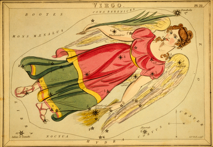Constellation of the Virgin - Constellation of Virgo - Plate extracted from the Mirror of Urania by Jehoshaphat Aspin - 1825 Urania's Mirror, by Jehoshaphat Aspin, 1825