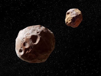 Artist's view of the asteroid 2017 YE5 - Binary Asteroid 2017 YE5 - 2017 YE5 is a binary asteroid consisting of two asteroids of same sizes orbit each other.