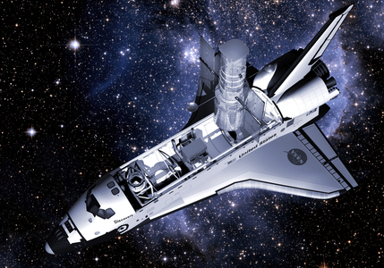 Hubble space telescope - Artist's view - Hubble space telescope - Artwork - Artist's view of the space shuttle with the Hubble space telescope in its hold. The Hubble Space Telescope is a telescope orbiting the Earth at about 600 km altitude. It is 13 metres long, its main mirror has a diameter of 2.4 metres. He is equipped with spectrometer and several cameras observing the Universe in visible and infrared. Illustration showing the space shuttle with the Hubble space telescope in its payload bay during a servicing mission