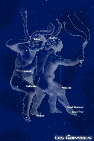 Constellation of Gemels - Constellation of Gemini - The constellation of Gemels with its mythological form, extracted from the Uranographia of Hevelius. Map showing the constellation of Gemini with its mythological form from “” Uranographia”” star atlas by Hevelius (1690) added