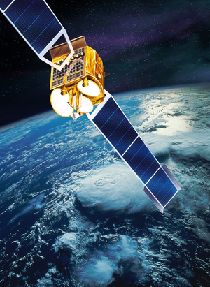 Communication satellite Telecom-1A - Satellite communication Telecom-1A. Artwork - Artist's view of the French satellite Telecom - 1A in orbit around the Earth. This satellite was launched on 4 August 1984 and its mission ended in 1992. English satellite Telecom - 1A was launched in 1984 and its mission ended in 1992