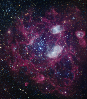 Nebula N11 in the Great Magellan Cloud - N11 star forming region in Large Magellanic Cloud (LMC) - N11 (Henize 11) is a vast star-forming region located in the Great Magellan Cloud galaxy. It is home to a cluster of hot young stars, NGC 1760. This glowing complex of rings, shells, and powerful young stars lies in the Large Magellanic Cloud, a satellite galaxy of the Milky Way. The overall complex of glowing gas and stars is known as N11 while the central cluster of hot young blue stars is know as NGC 1760. The complex expanding shells of gas have likely formed from multiple generations of hot O and B type stars and their supernovae. N11 spans over 1000 light years across