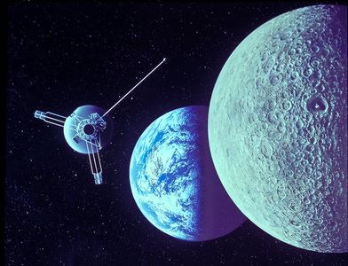 The probe Pioneer 10 - Artist's View - Pioneer 10 probe - Artist view - Pioneer 10 was launched on March 3, 1972 with as its destination the planet Jupiter, which it flew over on December 3, 1973. Artist's view showing the probe passing the Moon, en route to Jupiter. Pioneer 10 Artwork Spacecraft shown only 11 hours after launch passing the orbit of the Moon in this artist concept on it's way to orbit above Jupiter's surface
