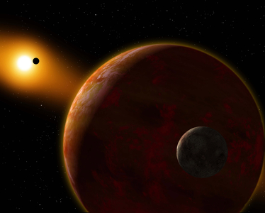 Artist's view of the exoplanet Gliese 581 b: Artist's view of Gliese 581b, an extrasolar planet orbiting the red dwarf star Gliese 581. This planet has a mass similar to Neptune and is very close to its star. Gliese 581 b is an extrasolar planet orbiting the star red dwarf Gliese 581