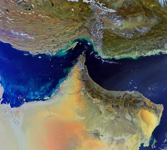 Detroit d'Ormuz - 02/2011 - Strait of Hormuz - 02/2011 - Detroit d'Ormuz seen by Envisat satellite on February 4, 2011. The south - eastern parts of Iran (top) and the Arabian Peninsula are featured in this image, acquired by Envisat's Medium Resolution Imaging Spectrometer on 4 February 2011. The closest point between the two Middle Eastern countries is the Strait of Hormuz (centre), which links the Persian Gulf (left) with the Gulf of Oman (upper right) and the Arabian Sea (lower right). Several countries are visible on the peninsula: the United Arab Emirates (top left), Oman (tip and bottom right) and Saudi Arabia (far left and bottom)