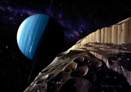 Uranus and Miranda- Illustration - Uranus seen from its moon Miranda. Artwork