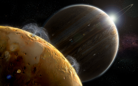 Jupiter and Io - Illustration - Jupiter and Io. Artwork - Artist view of Jupiter with his satellite Io in the foreground. Sulfurous plumes from Io, the most volcanically active body in the Solar System catch the first rays of sunlight as Jupiter passes out of eclips