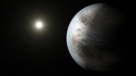 Exoplanete Kepler-452 b - Artist's impression of the Kepler-452 b exoplanet: Kepler-452 b is an extrasolar planet probably of the Earth type, located in the habitable area of its star Kepler-452, a star similar to our Sun. This super-earth is located in the constellation Swan, about 1400 light years from Earth. This artist's concept depicts one possible appearance of the planet Kepler-452b, the first near-earth-size world to be found in the habitable zone of star that is similar to our sun. The habitable zone is a region around a star where temperatures are right for water to pool on the surface. Scientists do not know if Kepler-452b can support life or not. What is known about the planet is that it is about 60 percent larger than Earth, placing it in a class of planets dubbed “” Super-earths.”” While its mass and composition are not yet determined, previous research suggests that planets the size of Kepler-452b have a better than even chance of being rocky. Kepler-452b orbits its star every 385 days. The planet's star is about 1,400 light-years away in the constellation Cygnus. It is a G2-type star like our sun, with almost the same temperature and mass. This star is 6 billion years old, 1.5 billion years older than our sun