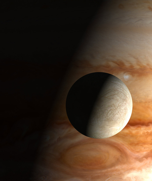 Europe ahead of Jupiter - Illustration - Jupiter and Europa - Illustration - Jupiter and its satellite Europe. Planet Jupiter with Europa in foreground