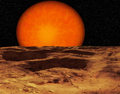 Exoplanete Gliese 876 d: Artist's view of the extrasolar planet Gliese 876 d, a super earth in orbit around the red dwarf Gliese 876. Artist's impression of the extrasolar planet Gliese 876 d, a Super-earth orbiting the red dwarf star Gliese 876, located approximately 15 light-years away in the constellation of Aquarius