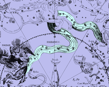 Constellation of Eridan - Constellation of Eridanus - Constellation of Eridan extracted from the Uranographia of Hevelius. Recolorised image. Map showing the constellation of eridanus with its mythological form from “” Uranographia”” star atlas by Hevelius (1690). Recolored Image