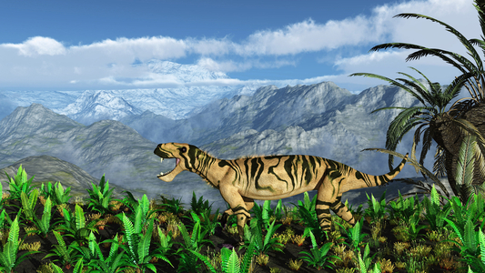 Lycaenops - Lycaenops is a genus of Gorgonopsian, that is, a therapside (mammalian reptile) that lived 270 million years ago, during the second part of Permian. Its name comes from the Greek and means “wolf face”. It was about 1 metre long. A three-foot-long, 35 pound carnivorous therapsid (mammal-like reptile) of the genus Lycaenops wanders a mountainous Mid-Permian landscape 270 million years ago in what is today South Africa. Vegetation includes various ferns forming ground cover and a large cycad. While reptilian in origin, Lycaenops more resembled a modern wolf with a long and slender skull, wolf-like fangs, and long legs held close to its body which probably enabled it to out-run the small reptiles and dicynodonts it dined on