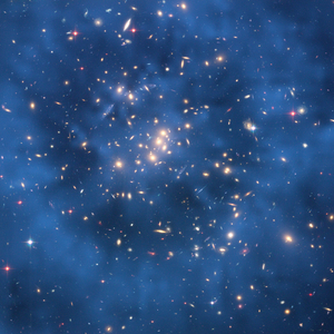 Ring of black matter in the cluster of galaxies Cl 0024+17 - Dark matter ring in distant galaxy cluster - The cluster of galaxies Cl 0024+17 is located about 5 billion years - light in the constellation Pisces. By studying visible gravitational mirages, astronomers were able to demonstrate a ring of black matter around this cluster. On this image, the ring of black material (in blue) was digitally superimposed on the image obtained by the Hubble space telescope in November 2004 with the ACS camera. Discovery of a ring of dark matter in the cluster ZWCL0024+1652. The ring's discovery is among the strongest evidence yet that dark matter exists.The ring, which measures 2.6 million light - years across, was found in the cluster ZWCL0024+1652, located 5 billion light - years away from Earth. The astronomers team found the ring unexpectedly while they were mapping the distribution of dark matter within the cluster. Although astronomers cannot see dark matter, they can infer its existence in galaxy clusters by observing how its gravity bends the light of more distant background galaxies. This image shows the dark matter ring (blue) added on the cluster image taken with the Hubble space telescope