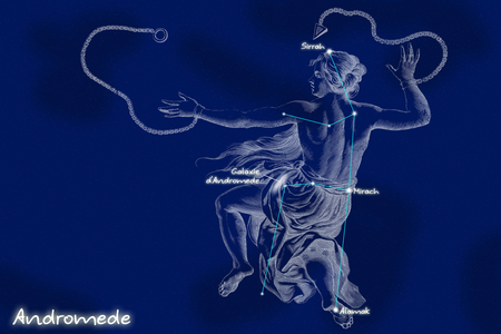 Andromede Constellation - Constellation of Andromeda - The constellation of Andromede with its mythological form, extracted from the Uranographia of Hevelius. Map showing the constellation of Andromeda with its mythological form from “” Uranographia”” star atlas by Hevelius (1690) added