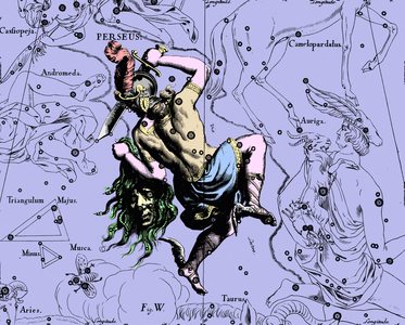 Persee Constellation - Constellation of Perseus - Persee Constellation extracted from the Uranographia of Hevelius. Recolorised image. Map showing the constellation of Perseus with its mythological form from “” Uranographia”” star atlas by Hevelius (1690). Recolored Image