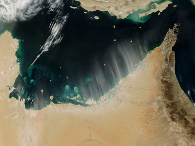 Dust Tempete on Dubai - 02/2009 - Dust storm on Dubai - 02/2009 - Dust Tempete on Dubai seen by Terra satellite on February 28, 2009. The coasts of the Emirates of Dubai with the three palm islands of Jebel and the World, an archipelago of 250 to 300 private islands, are hardly discernible. Heat and dust storms plagued the United Arab Emirates at the end of February 2009. Temperatures soared to 37 degrees Celsius (98.6 degrees Fahrenheit), the highest February temperatures since record keeping began in 1974. Pushed by winds gusting to 35 knots (65 kilometers per hour), dust storms reduced visibility throughout the region. Parallel plumes of dust blow off the coast of the United Arab Emirates and over the Persian Gulf in this image acquired by the Moderate Resolution Imaging Spectroradiometer (MODIS) on NASA's Terra satellite on February 28, 2009. In this true - color image, the beige plumes of dust partially obscure the satellite's view of the ocean water. In some places, the dust appears to form wave patterns that run perpendicular to the dust plumes. Neither the capital city of Abu Zabi (also known as Abu Zaby or Abu Dhabi) nor the human - engineered Palm Island Resorts escape the plumes. Part of the Arabian Peninsula's Empty Quarter, or Rub 'al Khali, the United Arab Emirates is covered by sand seas and dry salt lakes. The sand and fine sediments provide ample material for dust storms